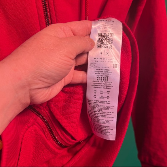 XS Armani Exchange Red Hoodie Zipped Two Pockets Sportive Youthful Casual - Picture 9 of 13